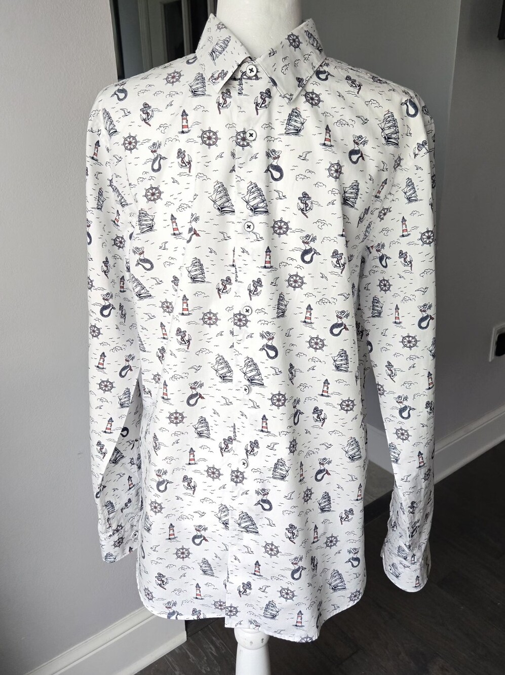 Express White Nautical Novelty Print Long Sleeve Button Up Shirt Mermaid Size M
